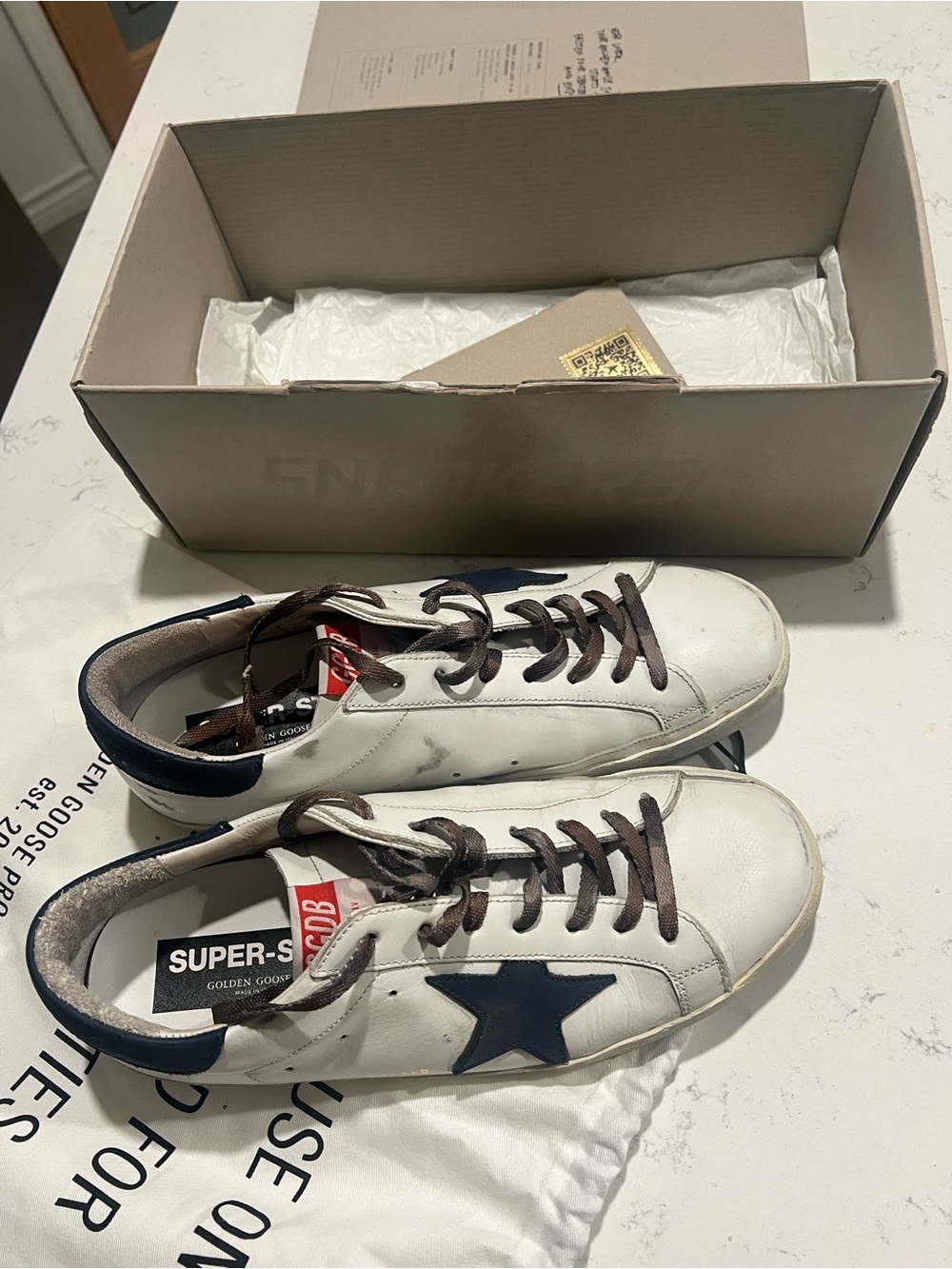 Golden Goose White Leather Sneakers with Navy Star and Heel